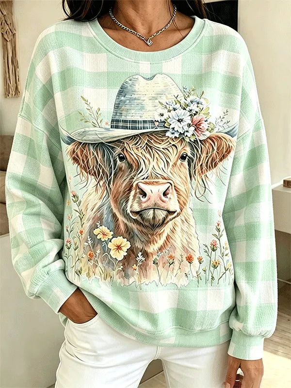 Women's Gingham Floral Cowboy Hat Highland Cow Print Sweatshirt