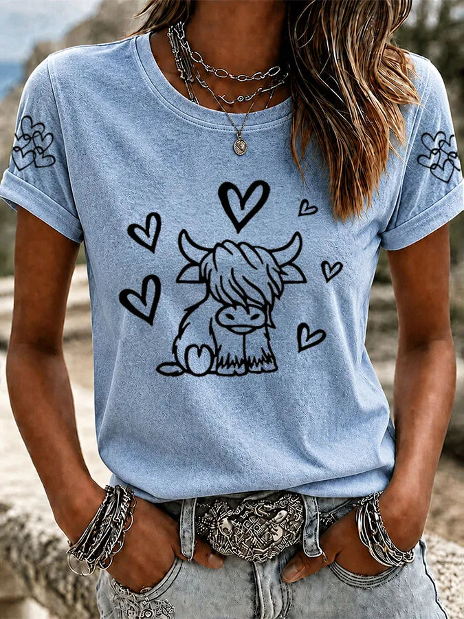 Women'S Western Grid Highland Cow Round Neck T-Shirt