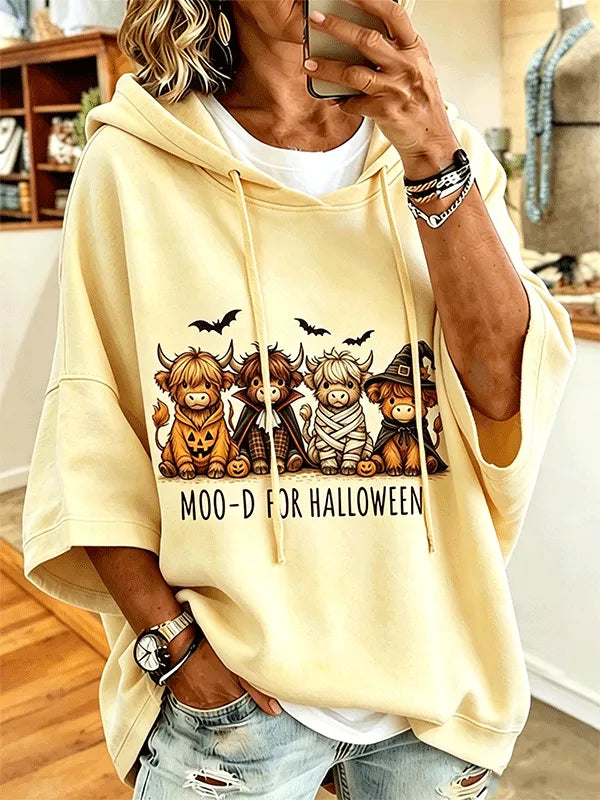 Women's Moo-d For Halloween Costume Highland Cow Bat Pumpkin Print Hoodie