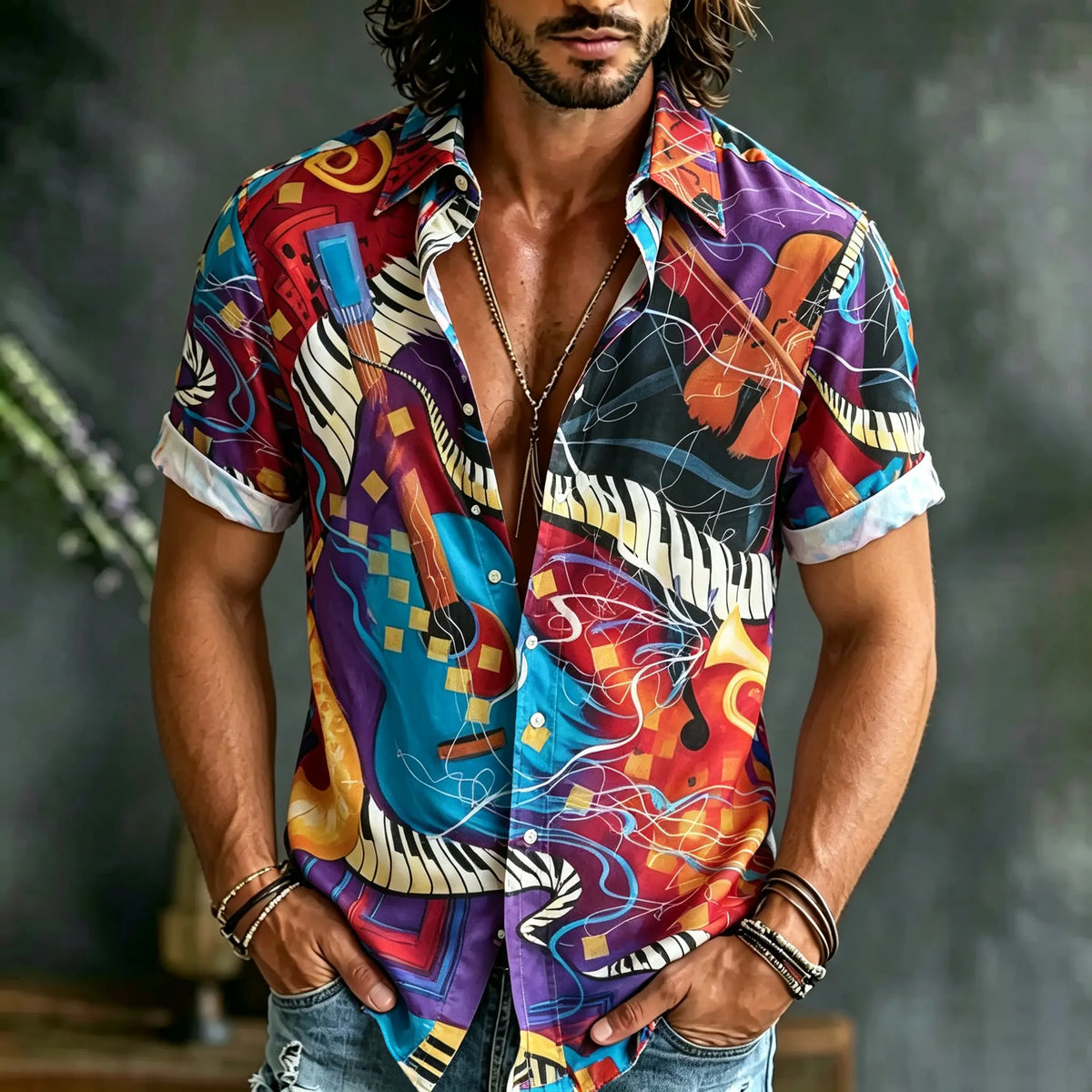 Men's Hippie Musical Instrument Art Print Linen Blend Short-sleeved Shirt
