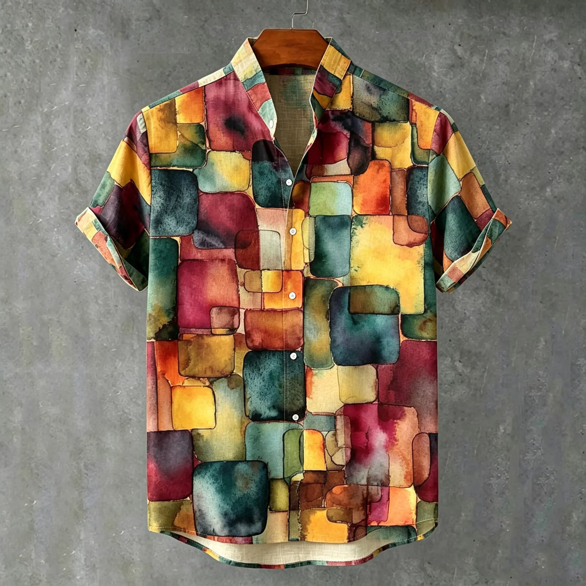 Men's Retro Bohemian Hippie Style Geometric Print Cotton Linen Short-sleeve Shirt