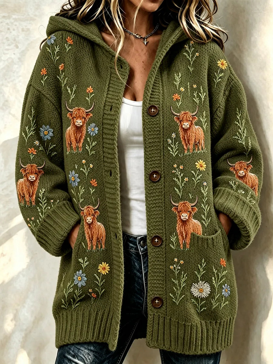 Women's Comfortable Highland Cow Flower Printed Knitted Cardigan