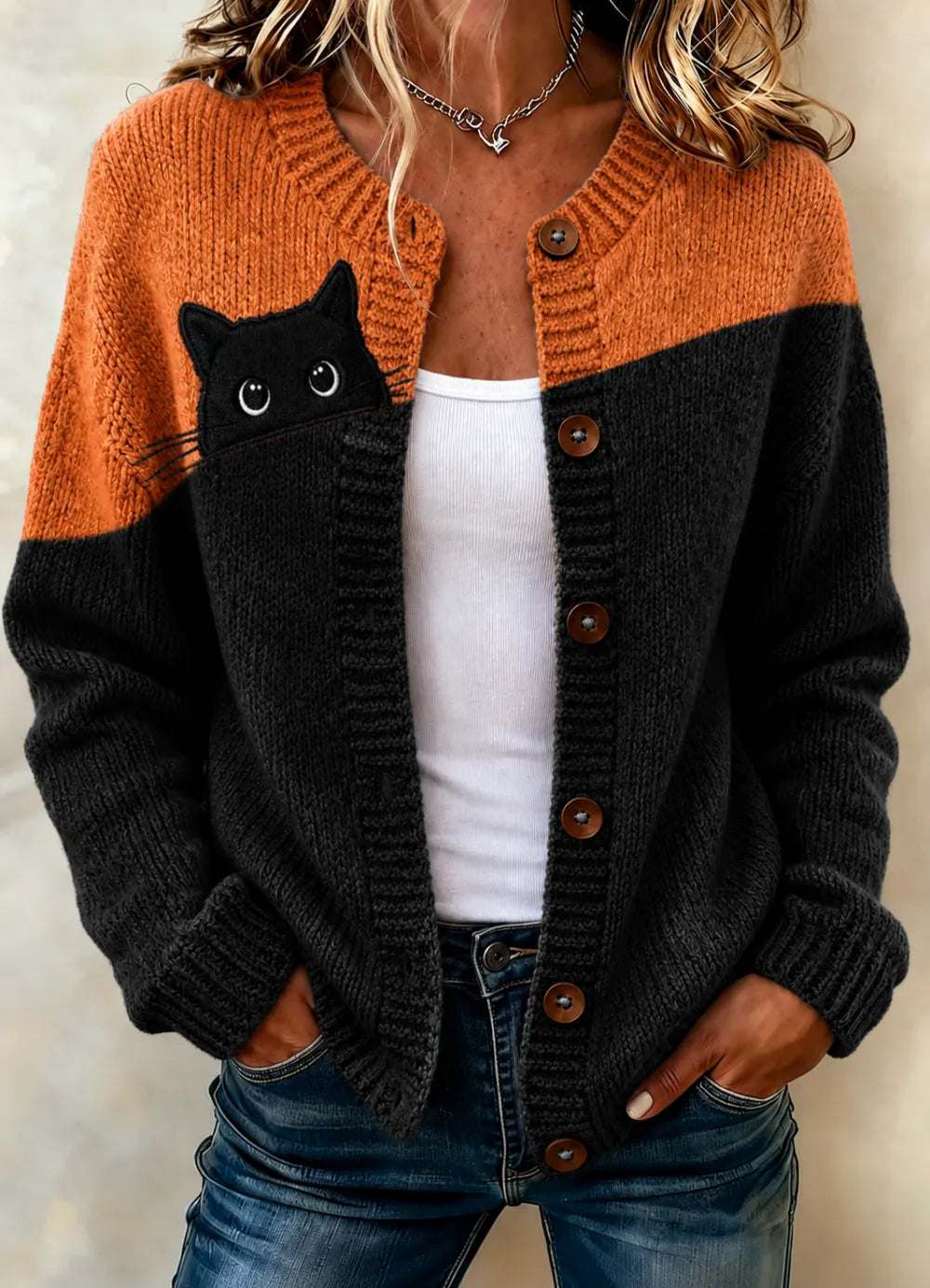 Women's Autumn Cat Pumpkin Flower Print Cardigan
