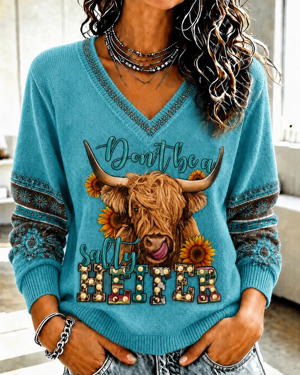 Women'S Highland Cow Retro Western Style Printed V-Neck Knitted Top
