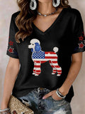 Women's Lovely Poodle Dog Rhinestone Pattern V-Neck T-Shirt