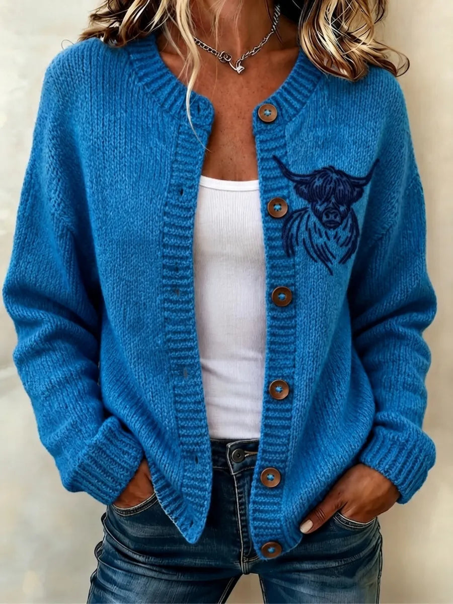 Women's Highland Cow Printed Knitted Cardigan