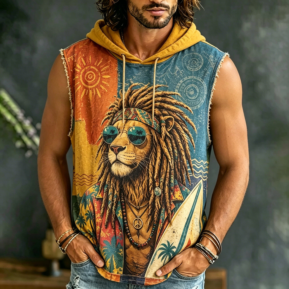 Men's Hippie Lion Color-blocked Vacation Casual Hooded Vest
