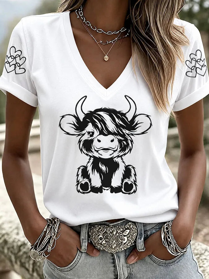 Women'S Highland Cow Western Printed Casual Short Sleeved T-Shirt