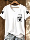 Women'S Cat Printed V-Neck T-Shirt