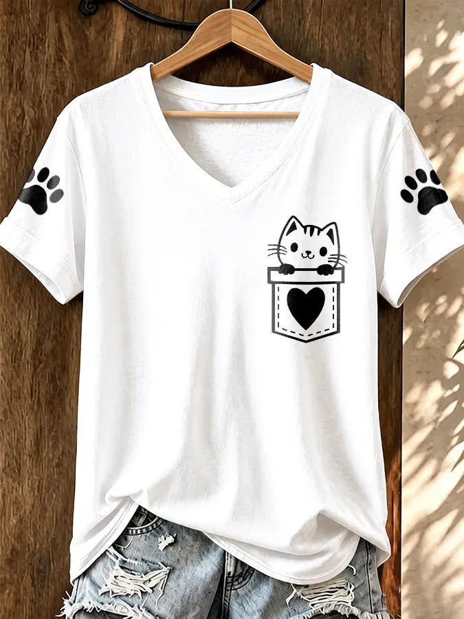 Women'S Cat Printed V-Neck T-Shirt