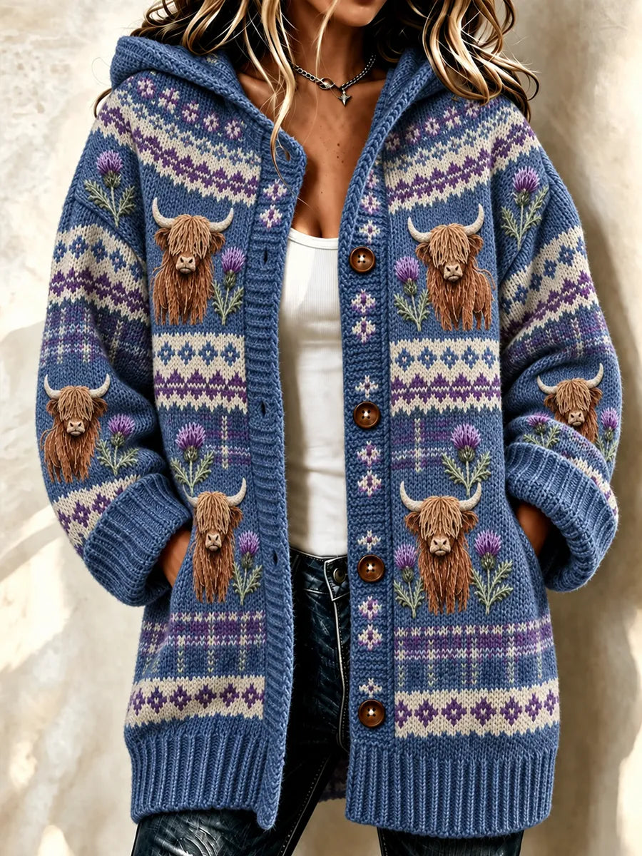 Women'S Highland Cattle Print Casual Cardigan