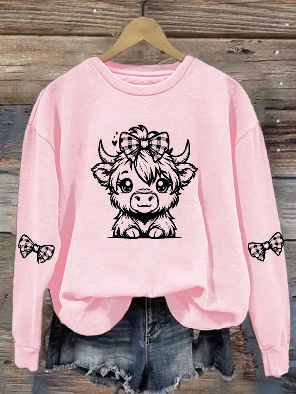 Women's Highland Cow Butterfly Ribbon Casual Round Neck Hoodie