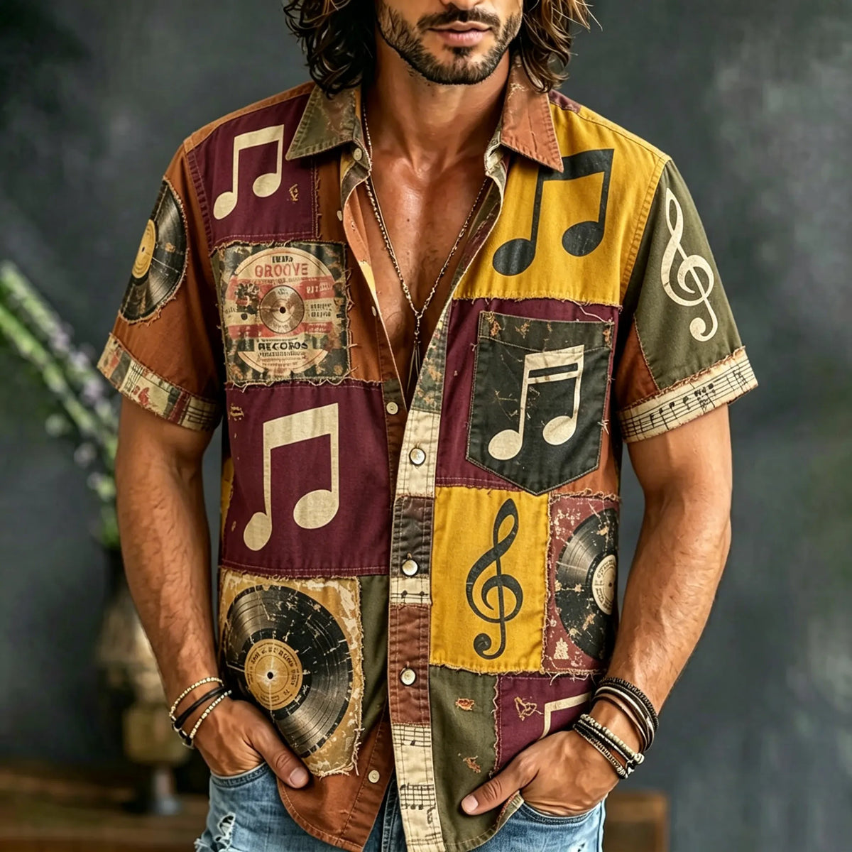 Men's Hippie Music Patchwork Art Print Casual Shirt