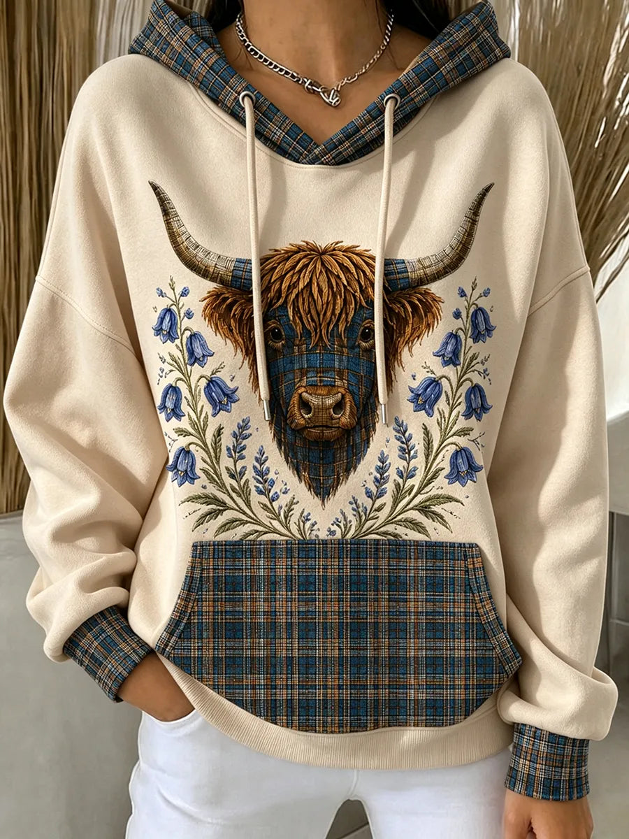 Women's Retro Highland Cow Grid Printed Casual Hoodie