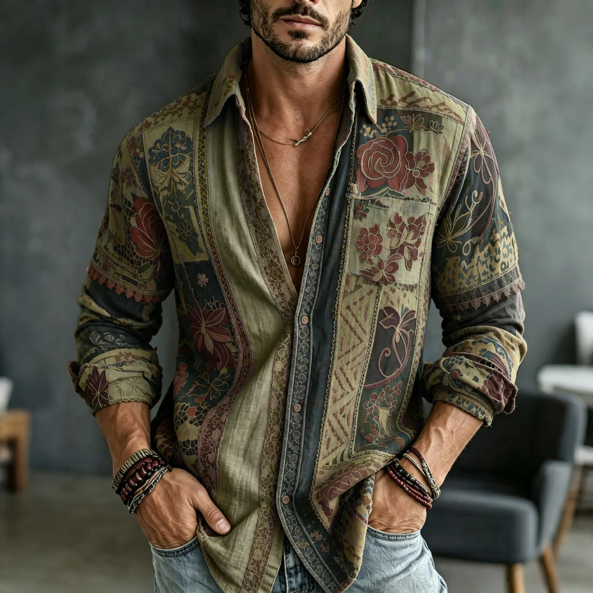 Men's Retro Floral  Patchwork Embroidered Art Print Flowy Linen Blend Casual Shirt