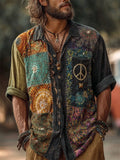 Men's Hippie Peace Sign Tie Dye Patchwork Linen Shirt