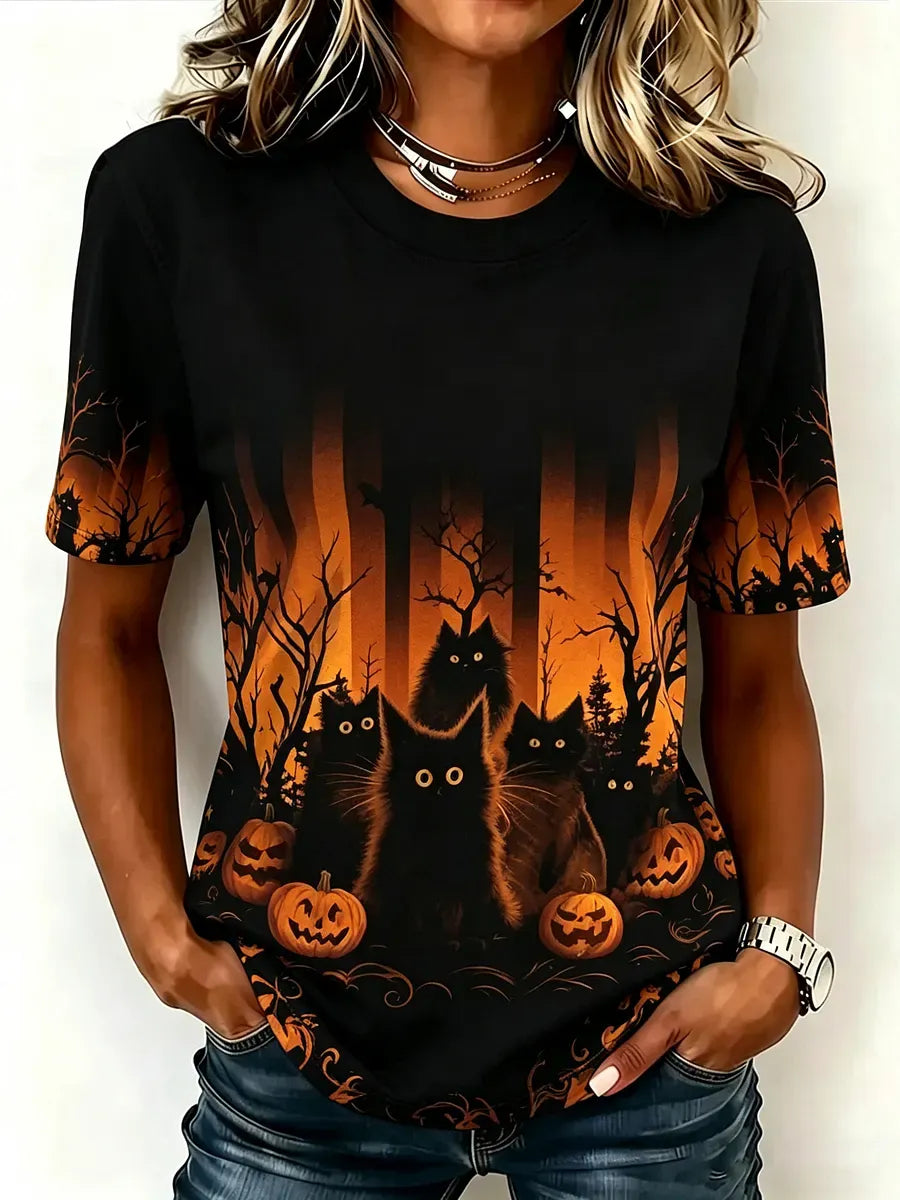 Women's Retro Halloween Black Cat Print T-shirt