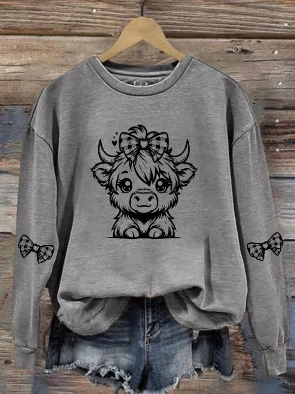Women's Highland Cow Butterfly Ribbon Casual Round Neck Hoodie