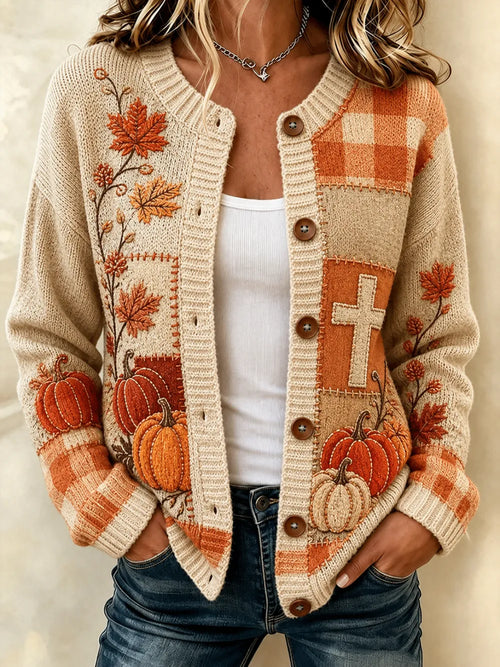 Ladies' Casual Contrasting Printed Knitted Cardigan Top
