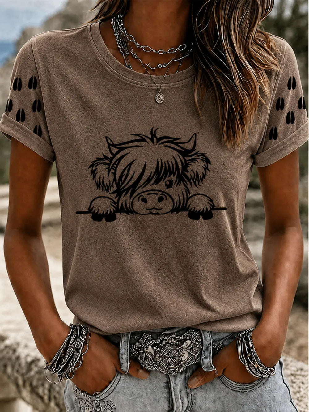 Women'S Western Grid Highland Cow Round Neck T-Shirt