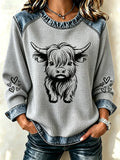 Women's Casual Highland Cow Waffle-Knit Print Top