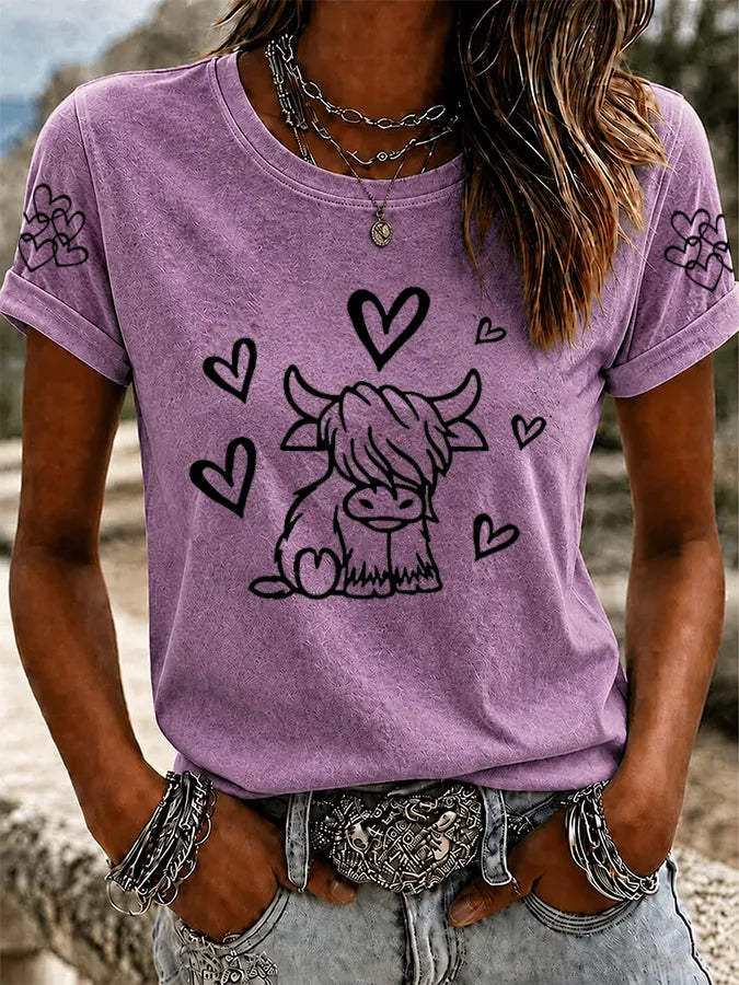 Women'S Western Grid Highland Cow Round Neck T-Shirt