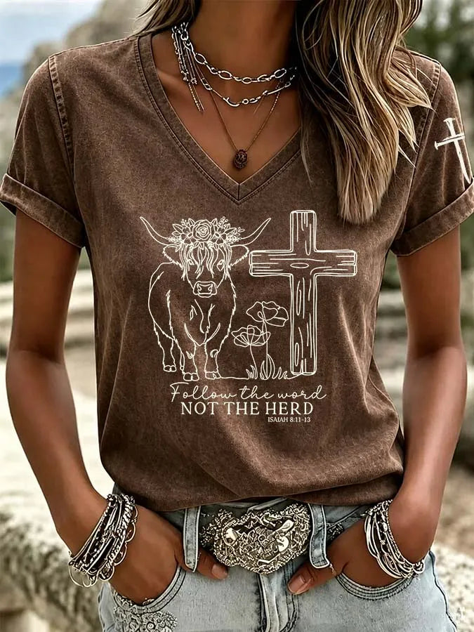 Women's Western style highland cow cross print V-neck top